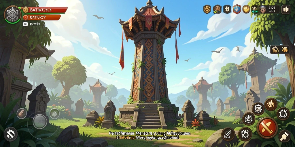 Screenshot gameplay BATIK77 menampilkan pertahanan menara yang strategis.